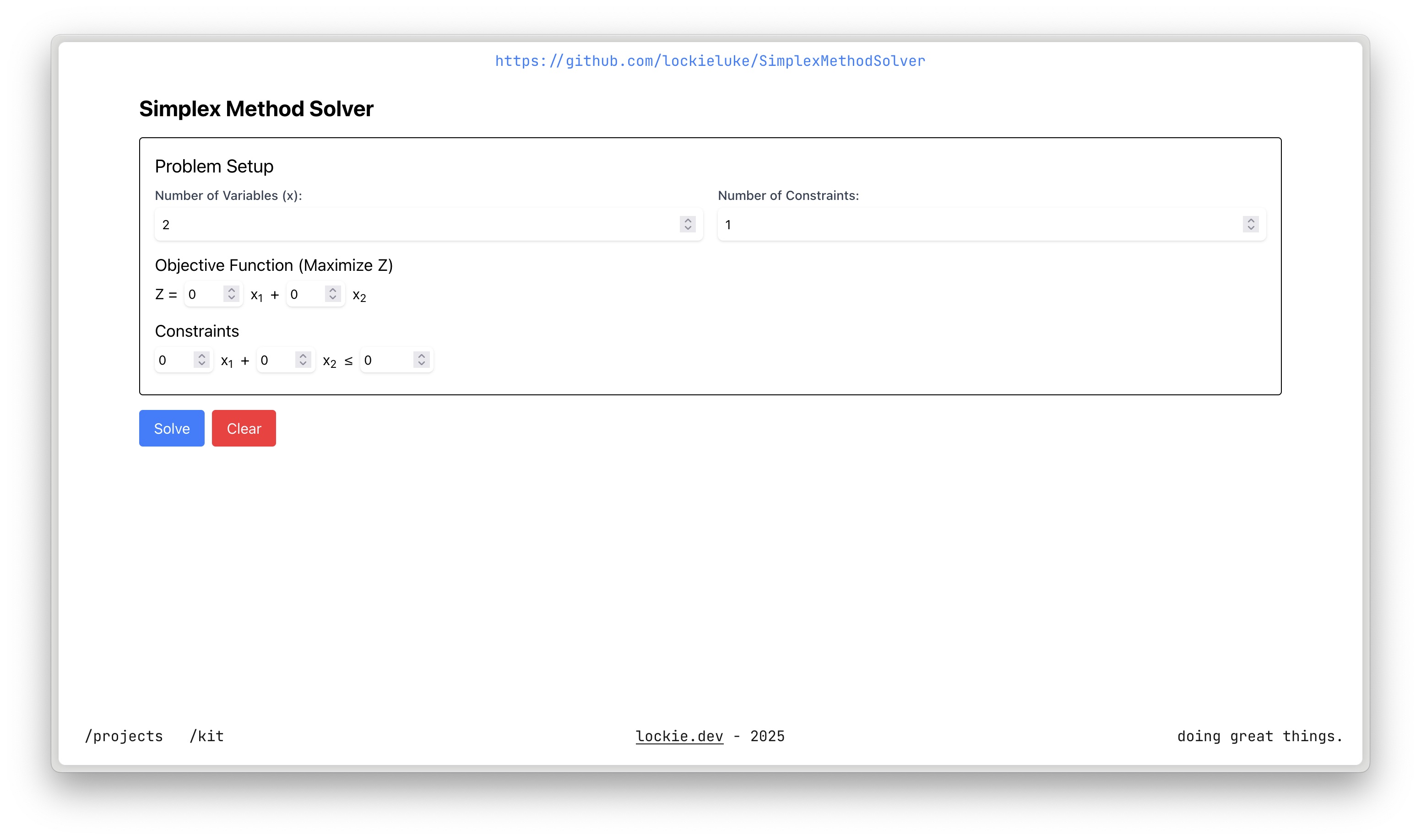 Screenshot of simplex solver